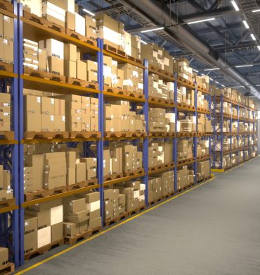 Vast storage building full of products placed on industrial racks with tags and labels, commercial goods. Distribution center equipped for logistical import export system. 3D render animation.